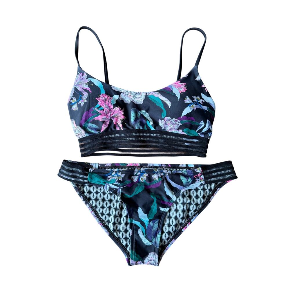 Body Glove Bikini Womens XS Black Floral Two Piece Strappy Mesh Swimsuit Set Y2K